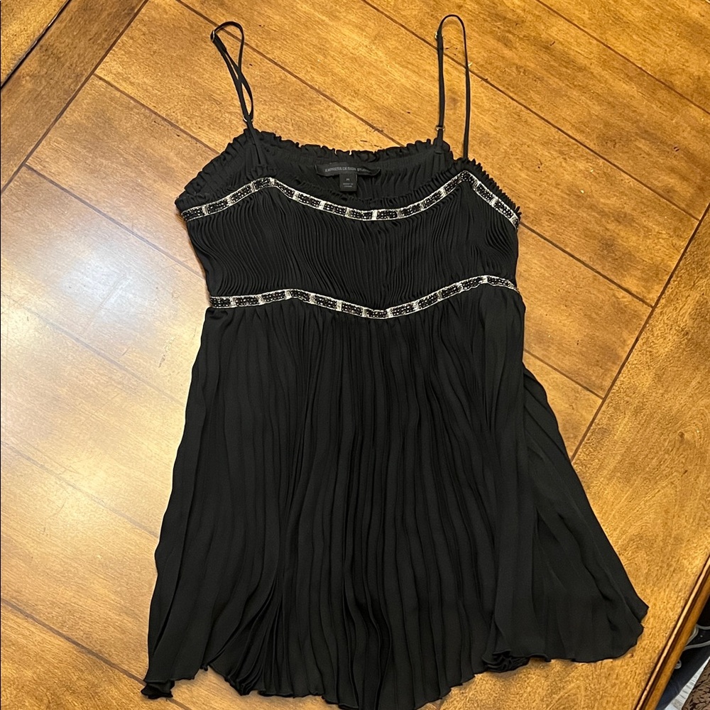 Express Vintage Black Pleated Silk Camisole with Silver Accents